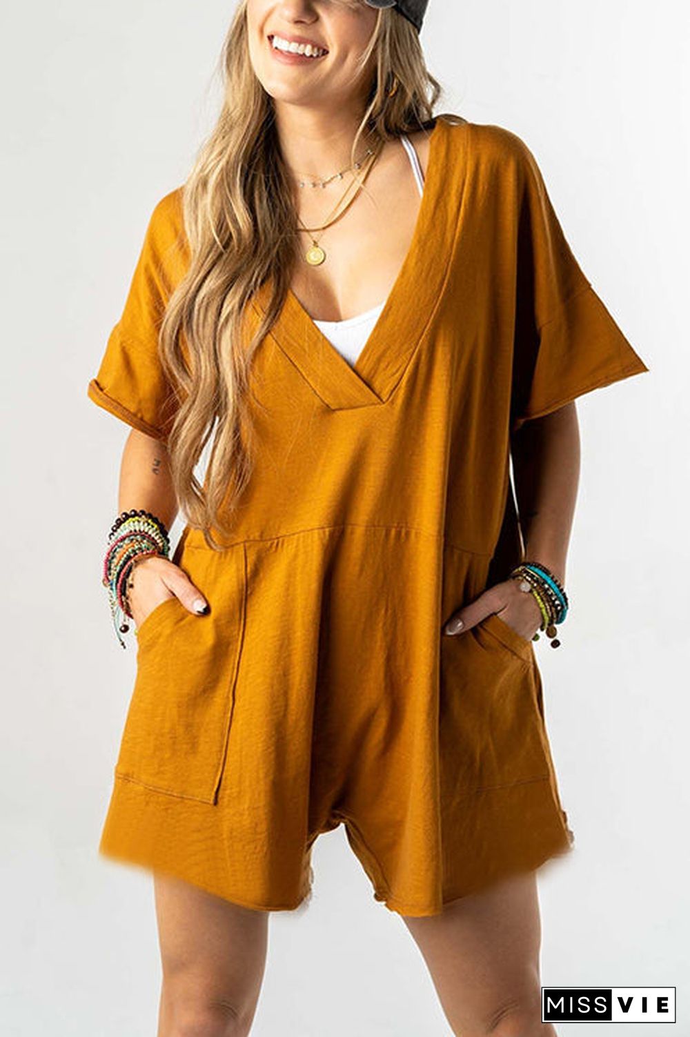 Deep V Neck Solid Color Romper