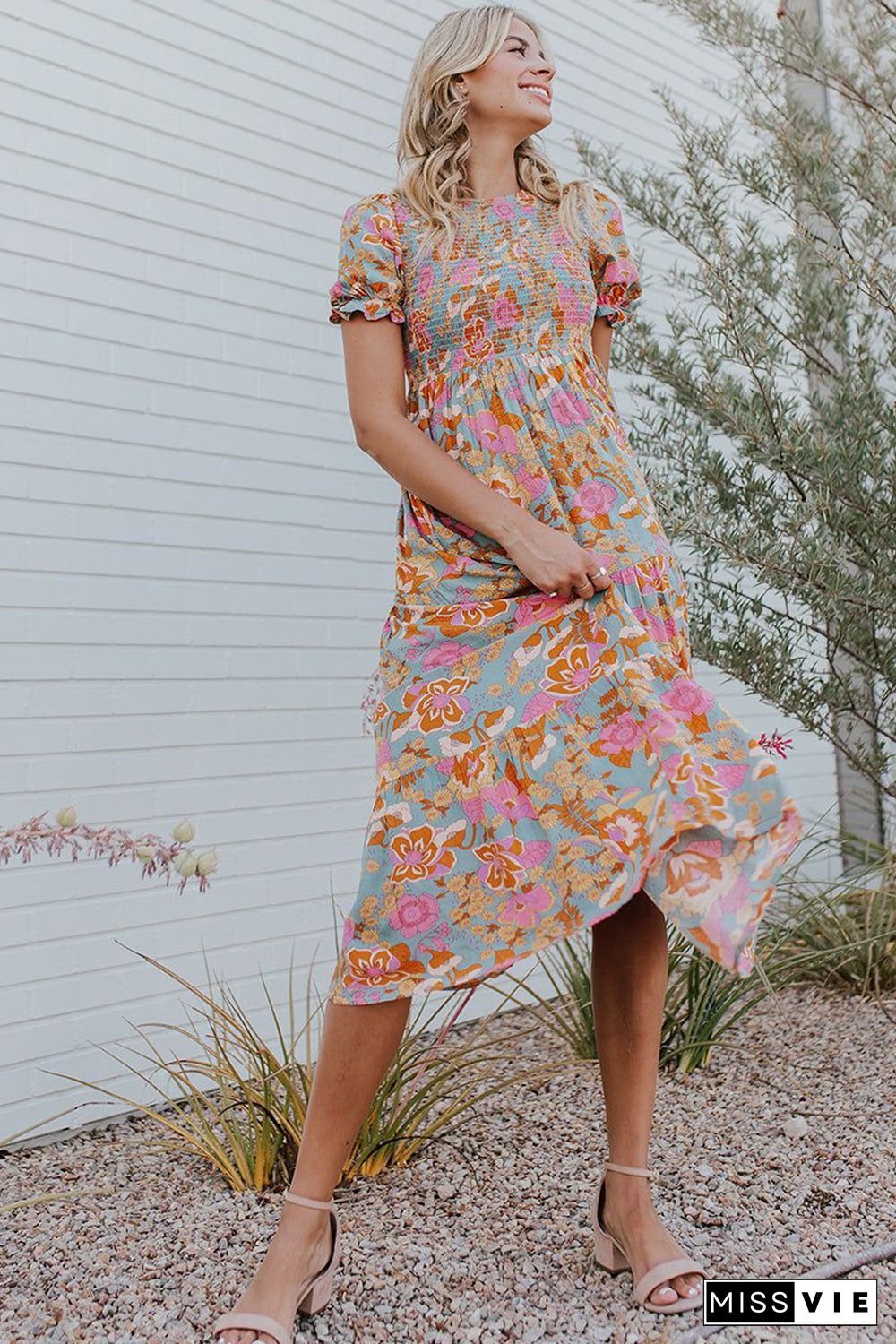 Sky Blue Floral Bubble Sleeve Smocked Flowy Ruffle Dress