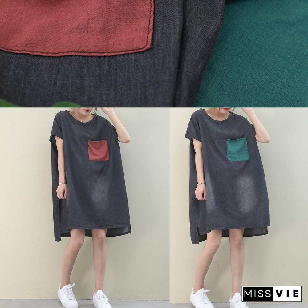 Women denim black Cotton clothes Women o neck green pockets Midi Dresses