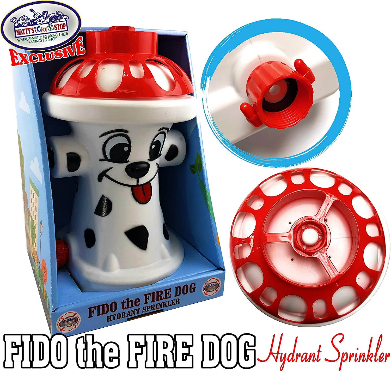 Matty's Toy Stop FIDO The FIRE Dog Hydrant Water Sprinkler for Kids， Attaches to Standard Garden Hose and Sprays Up to 10 Feet High and 16 Feet Wide， Measures 10.75