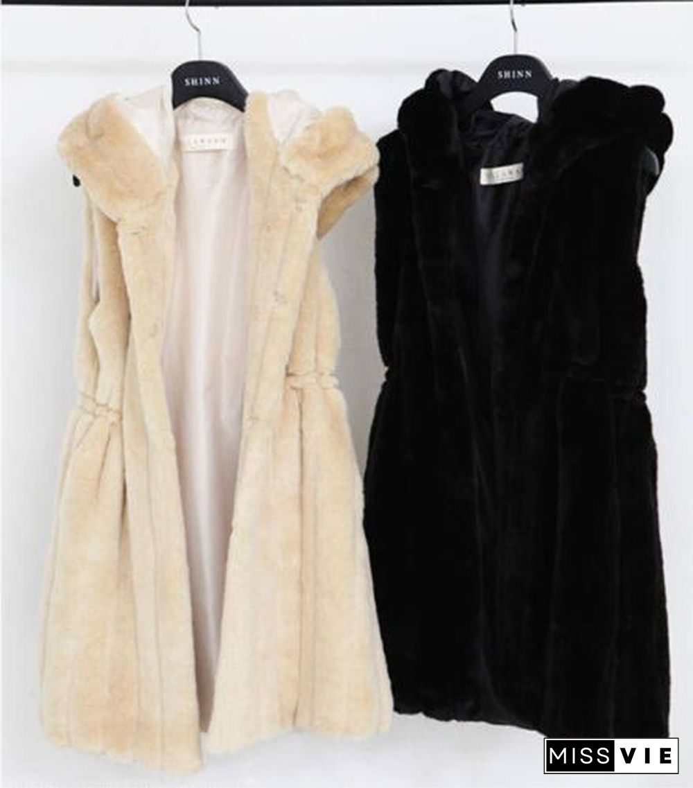 Womans Faux Rabbit Fur Hooded Vests Jacket Slim Long Waistcoat Plush Wrap Coat