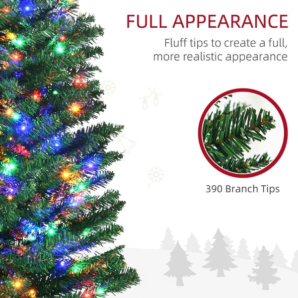 HOMCOM 6ft Tall Pencil Prelit Artificial Christmas Tree Holiday Décor with 390 Branches，150 Colorful LED Lights，Steel Base