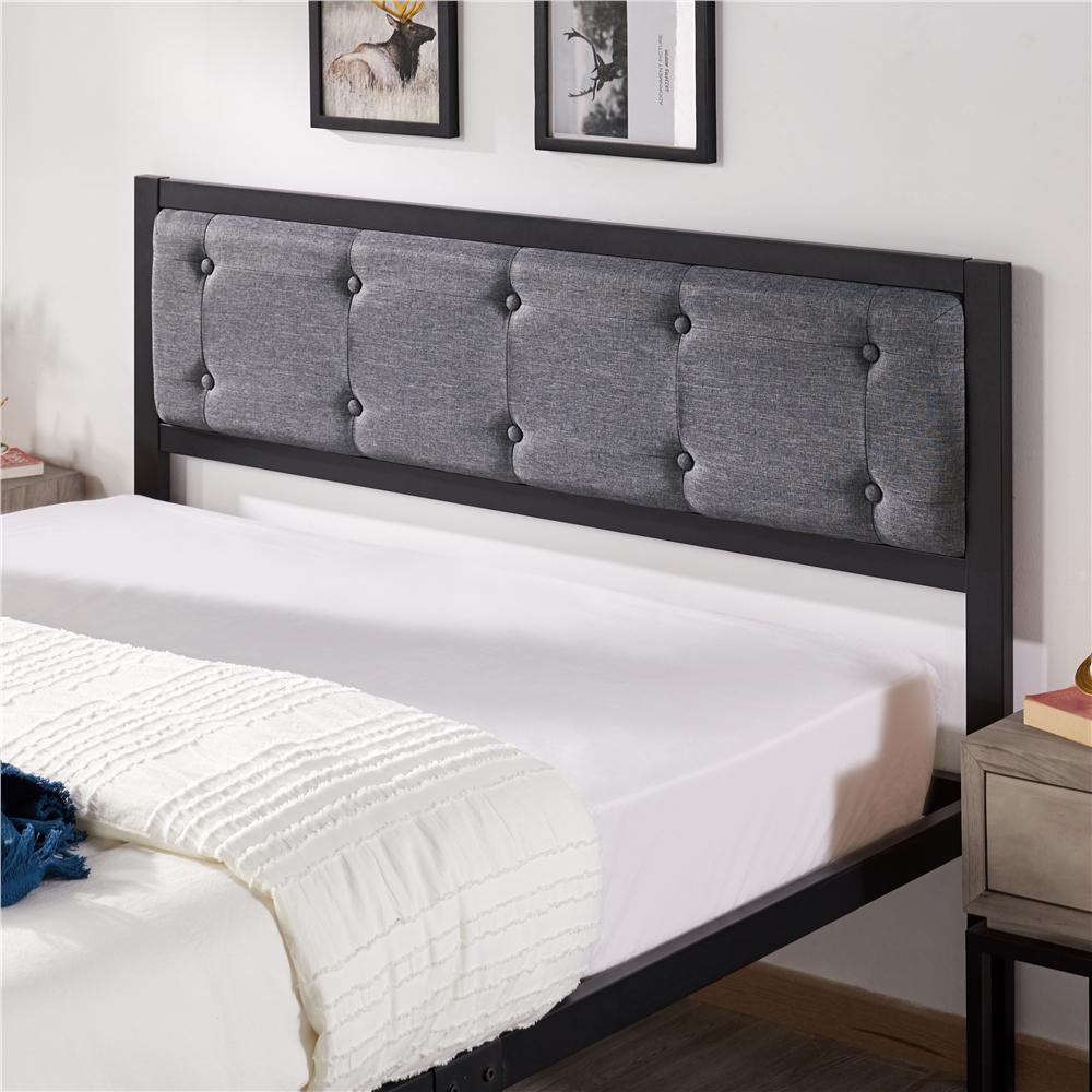 Easyfashion Button Tufted Gray Upholstered Headboard Black Metal Queen Bed  Crowdfused