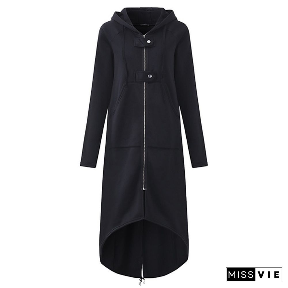 Women Hooded Split Asymmetrical Coat Long Sleeve Zipper Buttons Pockets Jacket