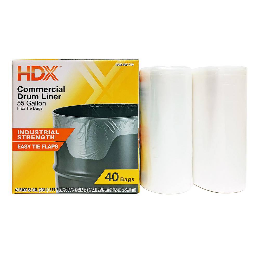 HDX 55 Gal. Clear Heavy-Duty Flap Tie Drum Liner Trash Bags (40-Count) HD55WC040C