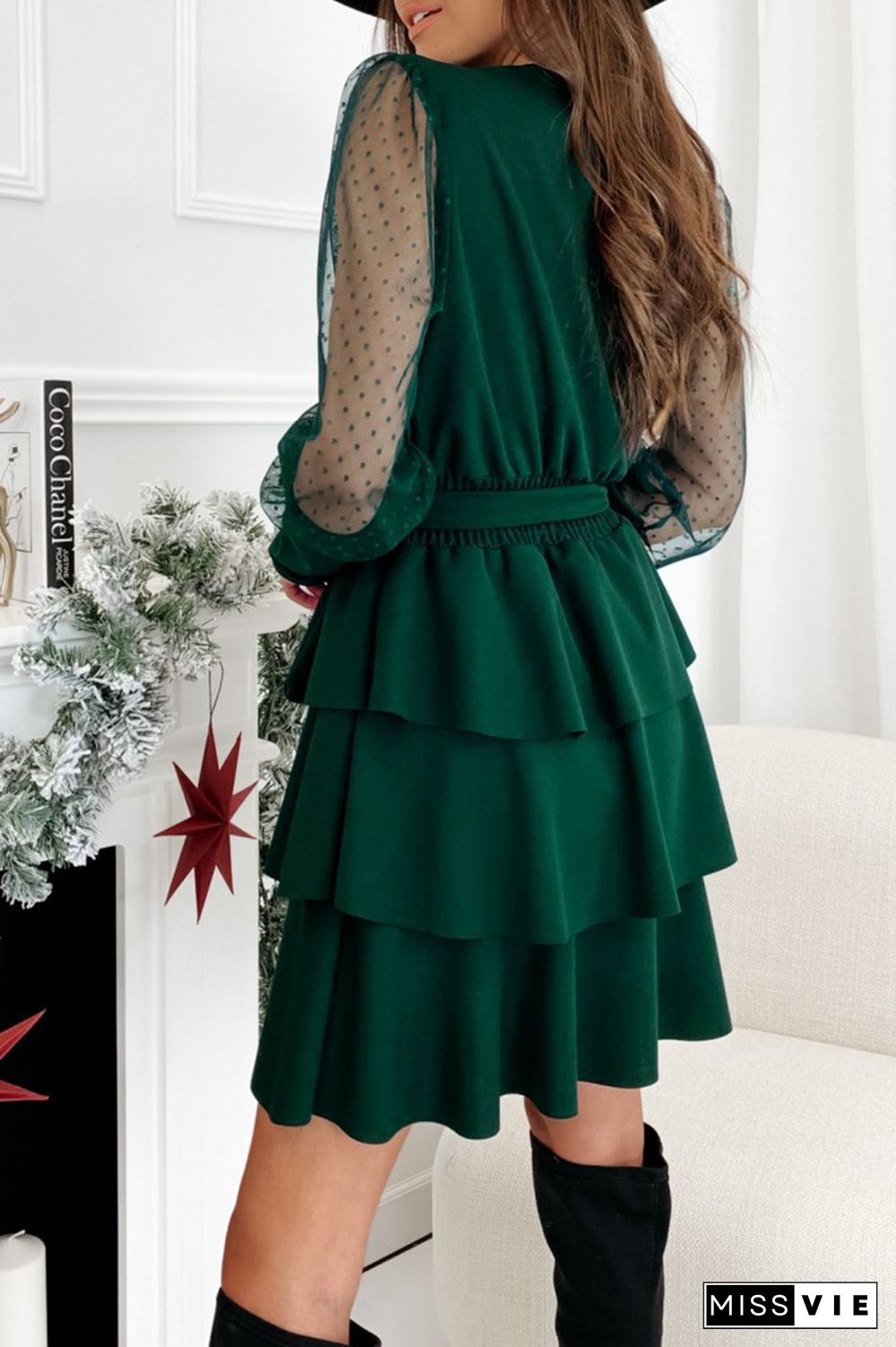 Casual Solid Mesh V Neck Cake Skirt Dresses(3 colors)