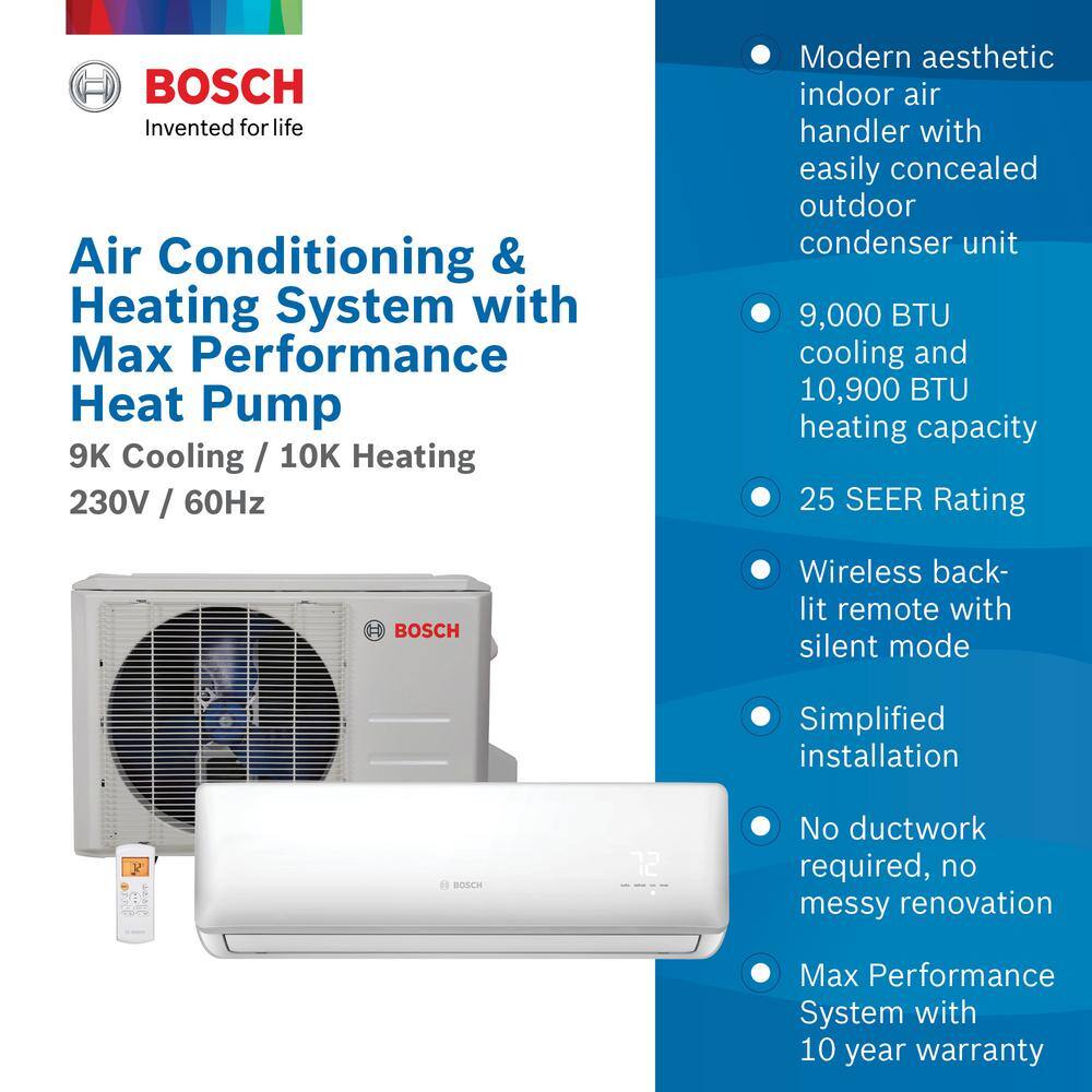 Bosch Max Performance Pro Pack 9000 BTU 0.75-Ton Ductless Mini Split Air Conditioner and Heat Pump No Line Set 230V 8733955245