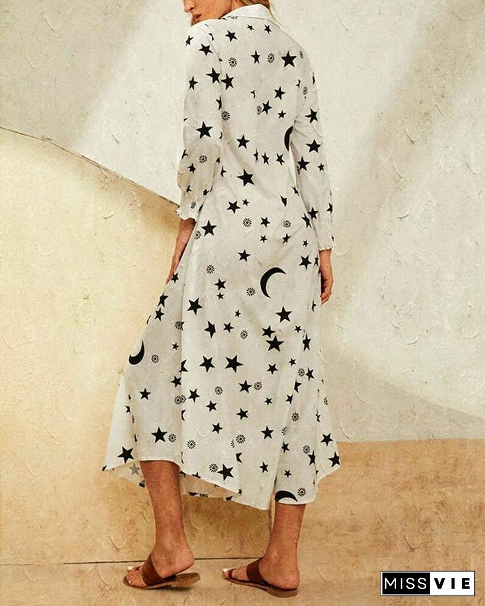 Leaves Print Lapel Button Long Sleeve Maxi Shirt Dress