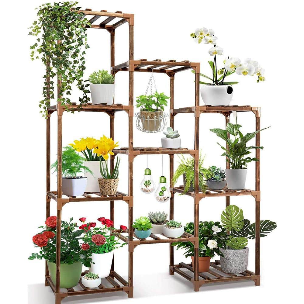 44.9 in. H Plant Stand Indoor Outdoor Tall Large Wood Plant Shelf Multi-Tier Flower Stands 10-Tire PU7JV1