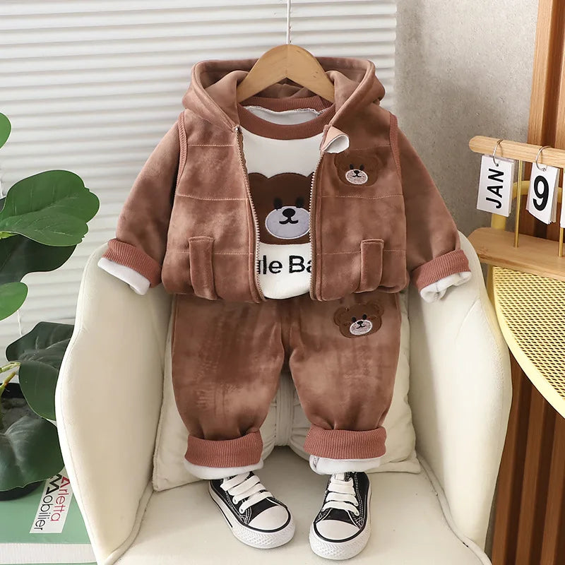 Children Fashion Cartoon Outfit Girls Bear Double-Sided Cute Velvet Padded Three-Piece Winter New Boys Warm Casual Hooded Suit