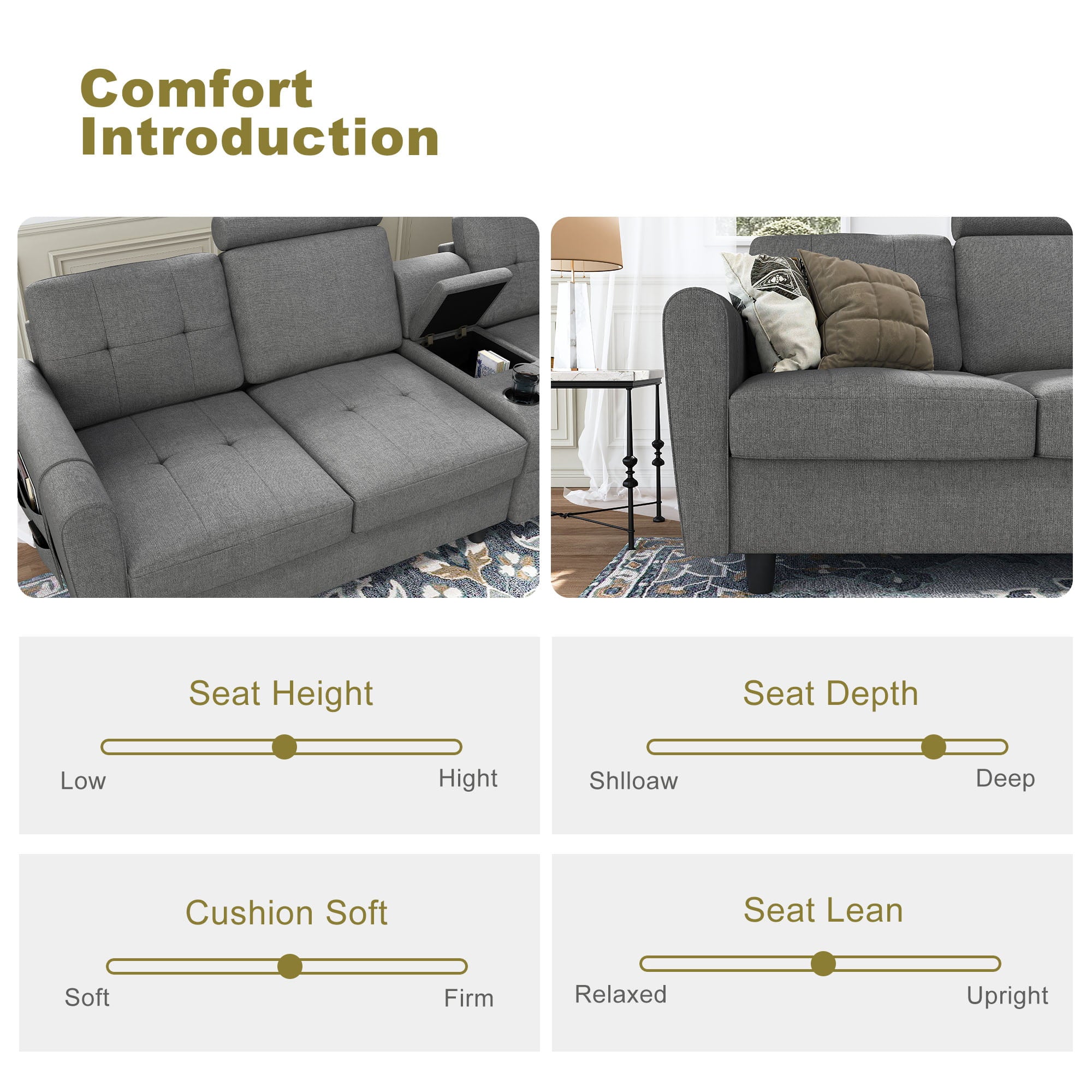 HONBAY Reversible Sectional Sofa Modern Upholstered L Shaped Couch with Cup Holders & Storage Console for Living Room, Grey