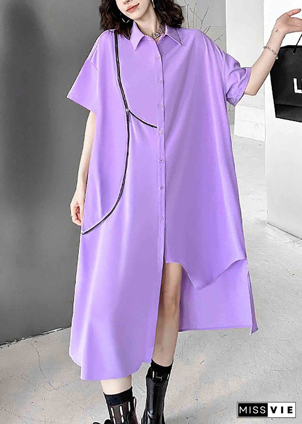 Unique Purple Asymmetrical Zippered Patchwork Chiffon Shirts Dresses Summer