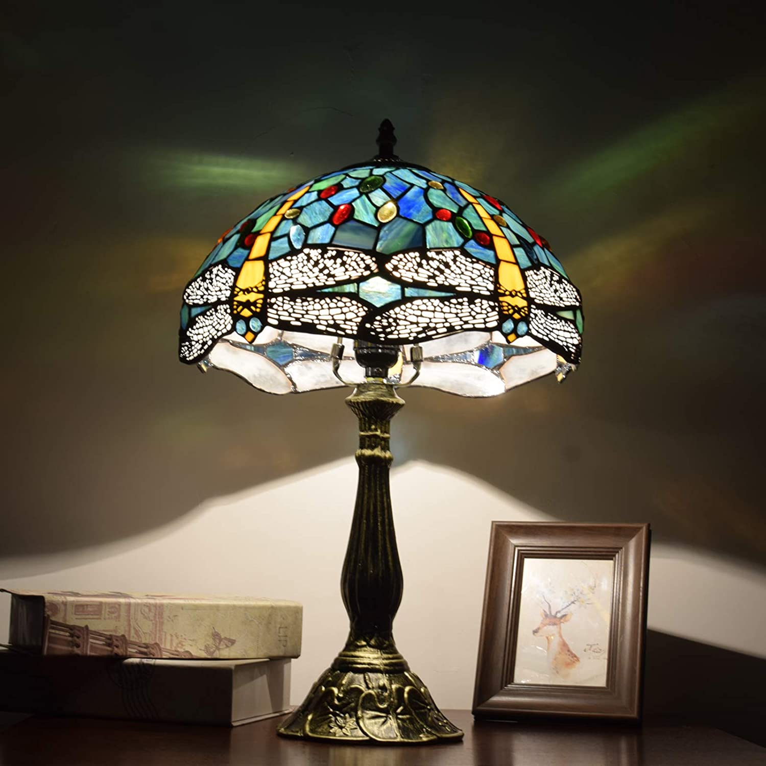 SHADY Tiffany Lamp Stained Glass Lamp Dragonfly Green Bedroom Table Lamp Reading Desk Light for Bedside Living Room Office Dormitory Dining Room Decorate  12x12x18 Include Light Bulb