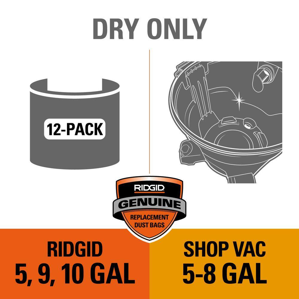 RIDGID High-Eff. Size B Dust Collection Bags for 5-8 Gal. Shop-Vac Branded Vacs 5-10 Gal. RIDGID Vacs except HD0600 (12-Pack) VF3503B