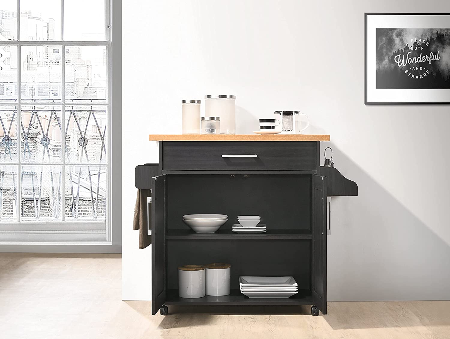 Hodedah Kitchen Island with Spice Rack， Towel Rack and Drawer， Black with Beech Top