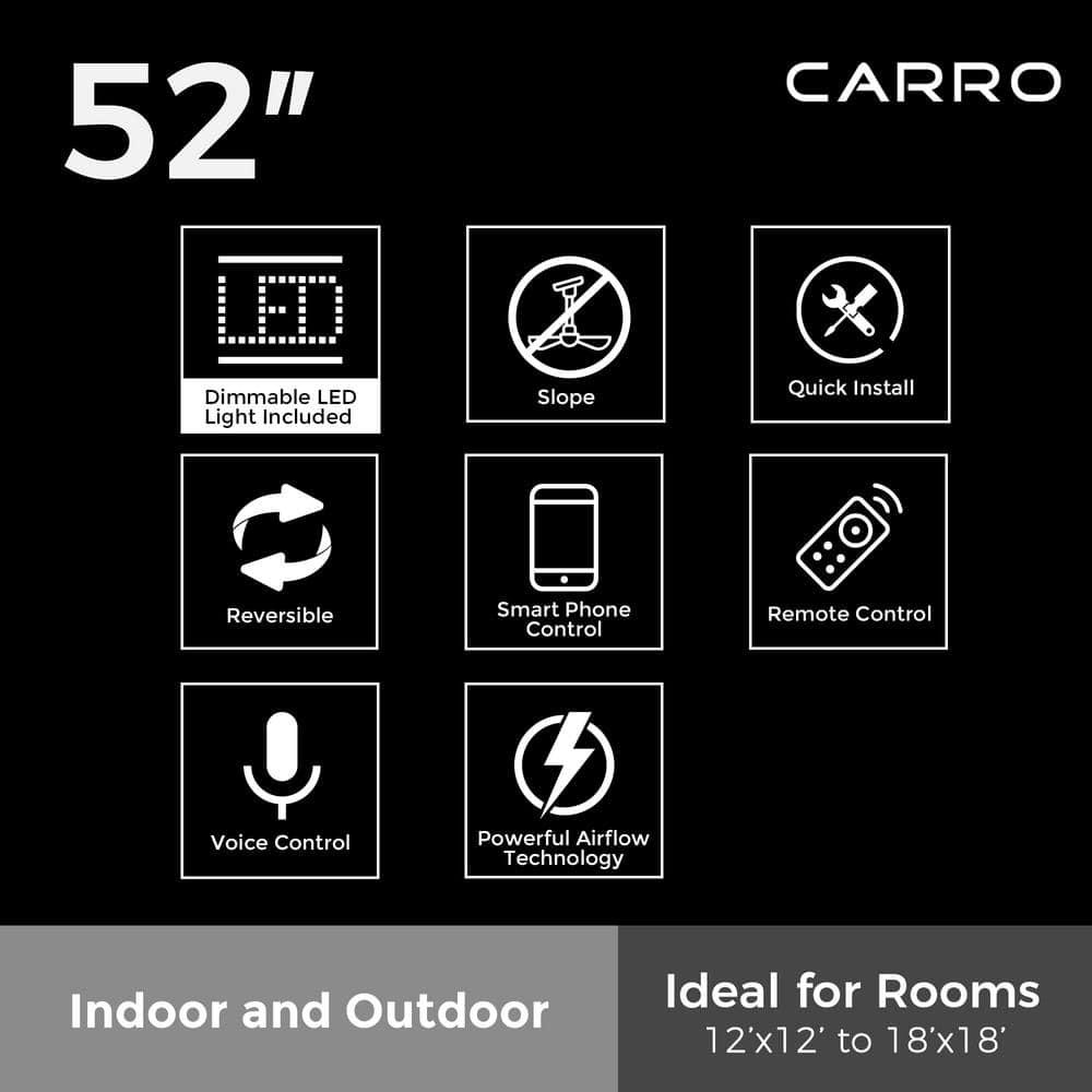 CARRO Biscay 52 in Integrated LED IndoorOutdoor Black Smart Ceiling Fan with Light and Remote Works with AlexaGoogle Home