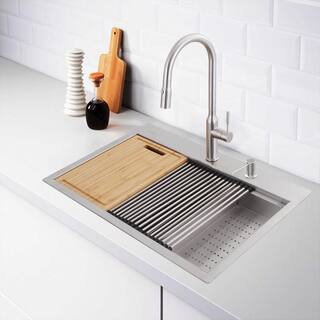 Glacier Bay All-in-One Zero Radius Drop-in 18G Stainless Steel 27 in. 2-Hole Single Bowl Workstation Kitchen Sink Pull-Down Faucet 4307F-1