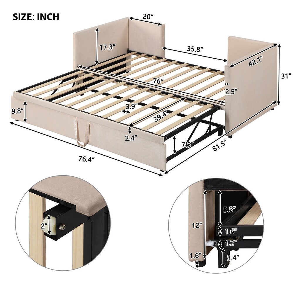 Twin Size Upholstered Daybed with Pop up Trundle  Wooden Sofa Bed Frame with Wood Slat Support for Bedroom  Living Room