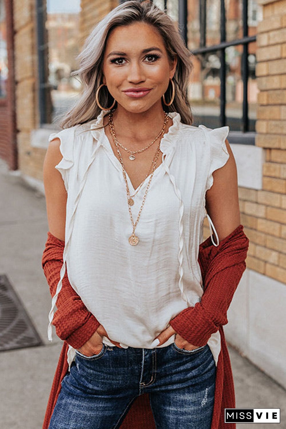 Beige Frilled Tie V Neck Ruffle Tank Top