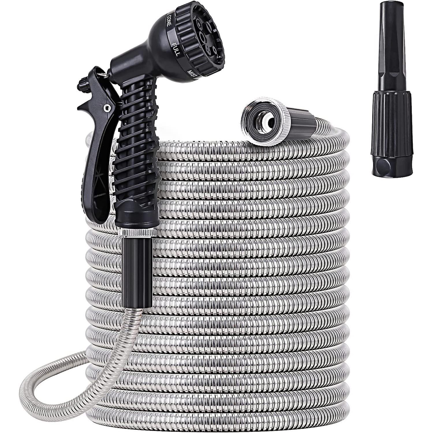 Metal Garden Hose 50 Ft - Stainless Steel Water Hose With 2 Nozzles， Lightweight， Tangle Free and Kink Free， Heavy Duty， High Pressure， Flexible， Dog Pr