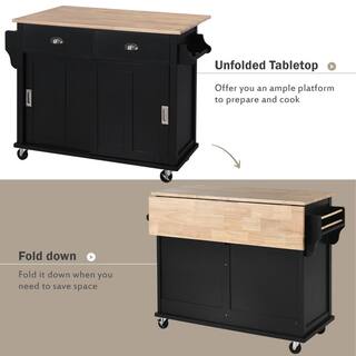 Runesay Black Kitchen Island Rubber Wood Drop-Leaf Countertop Sliding Barn Door Adjustable Height on 4-Wheels and 2-Drawers KIBK-10101