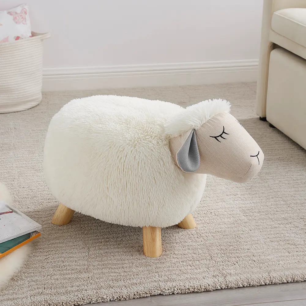 Fluffy Off White and Gray Sheep Stool with Wooden Legs