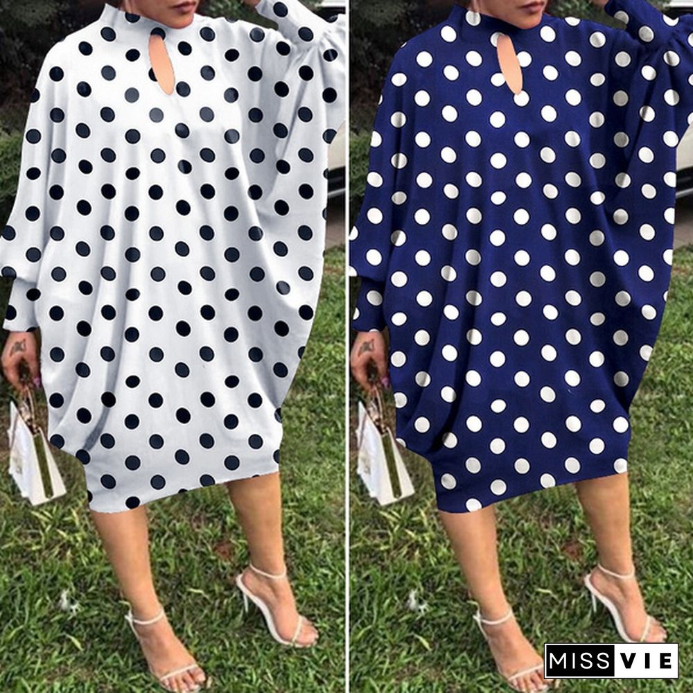 Women Vintage O Neck Long Sleeve Polka Dot Dresses Pleated Casual Holiday Vestido Plus Size