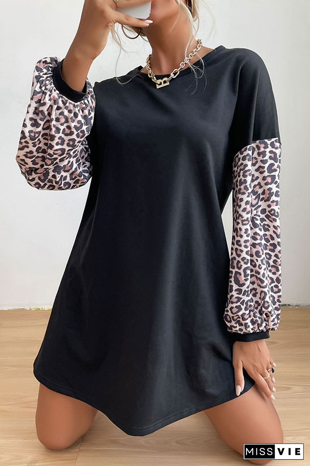 Leopard Print Patchwork Pullover Long Sleeves T-Shirt Dress Wholesale