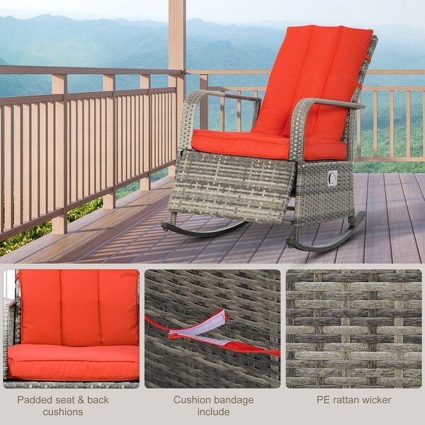 Outsunny Outdoor Wicker Rattan Recliner Rocking Cushioned Chair with Footrest and 135 Degrees of Comfort