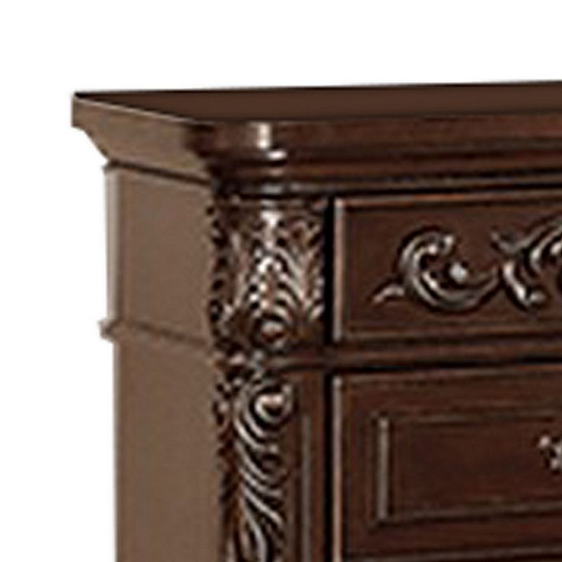 30 Inches 3 Drawer Engraved Wooden Nightstand， Brown