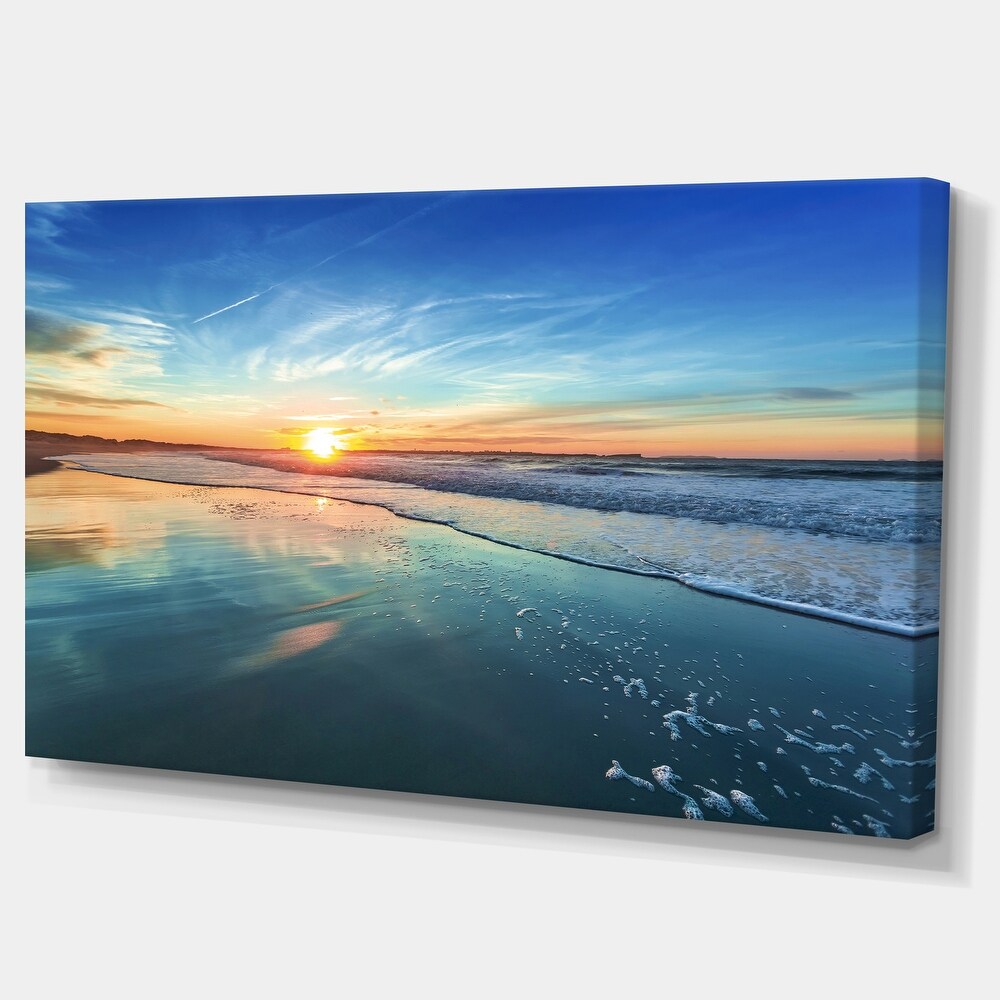 Blue Seashore with Distant Sunset   Seashore Canvas Wall Art