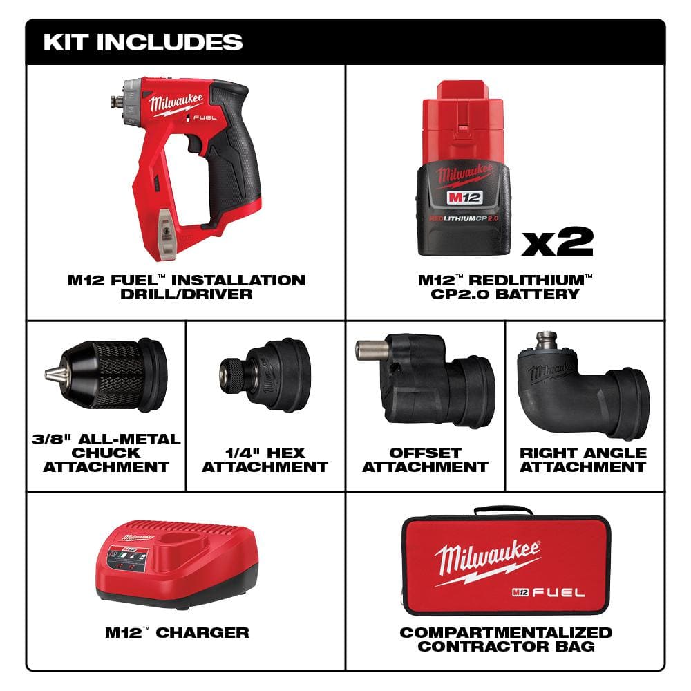 Milwaukee M12 FUEL 12-Volt Lithium-Ion Brushless Cordless 4-in-1 Installation 3/8 in. Drill Driver Kit With 4-Tool Heads