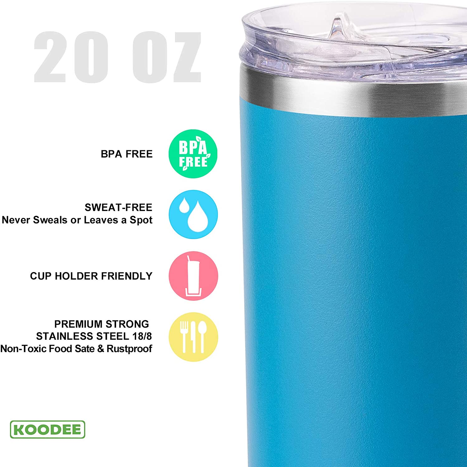 koodee 20 oz Stainless Steel Skinny Tumblers (4 Pack) Double Wall Insulated Water Tumbler Cup with Straw， Lids and Straw Brushes (Baby blue/White/Pink/Sky Blue)