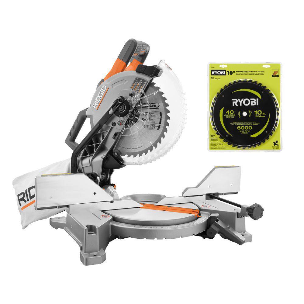 RIDGID 15 Amp 10 in. Corded Dual Bevel Miter Saw with LED Cut Line Indicator with 10 in. 40T Carbide Thin Kerf Miter Saw Blade R4113-A181002