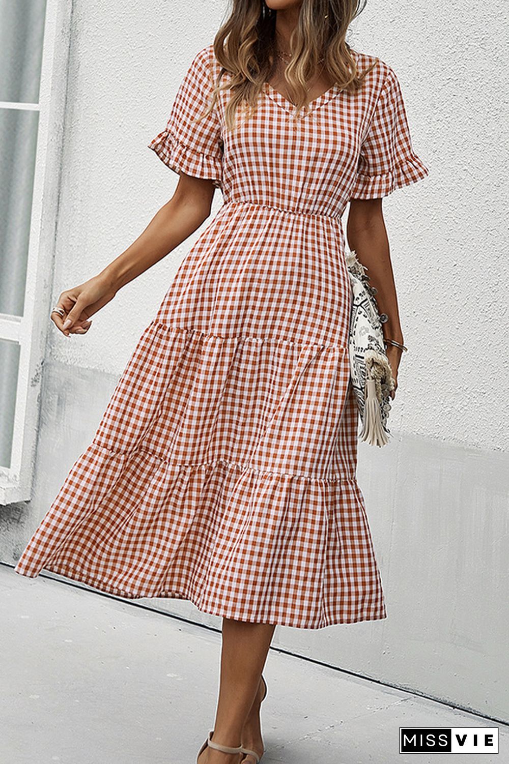 Plaid V-neck Short Sleeve Long Dress Wholesale