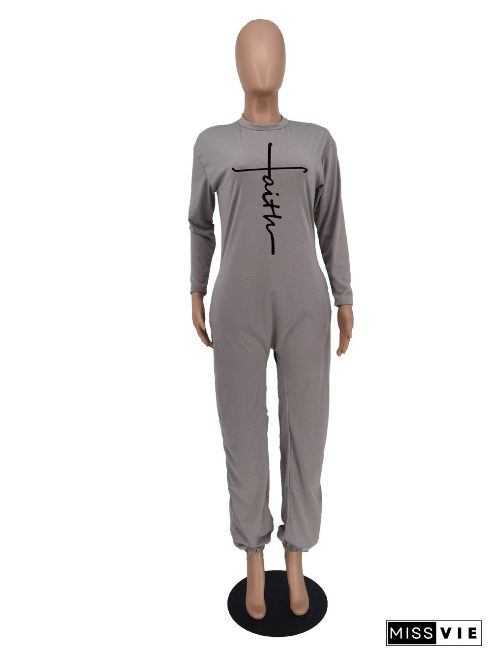 Letter Print Long Sleeve Loose Jumpsuit