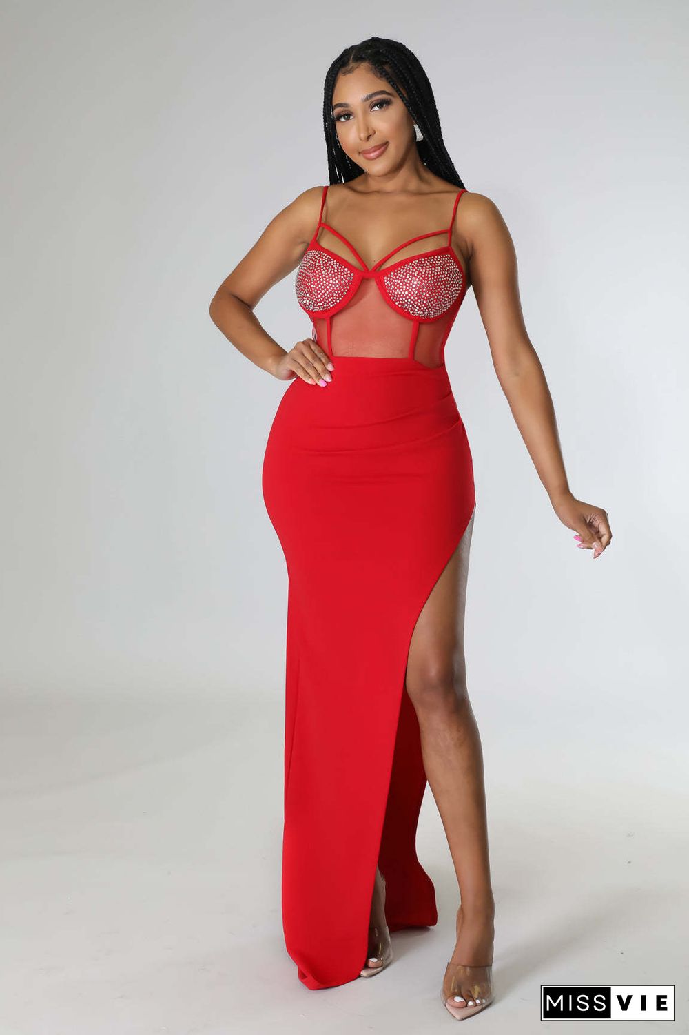 Sexy Mesh Sheer Hot Drill High Split Sling Maxi Dresses