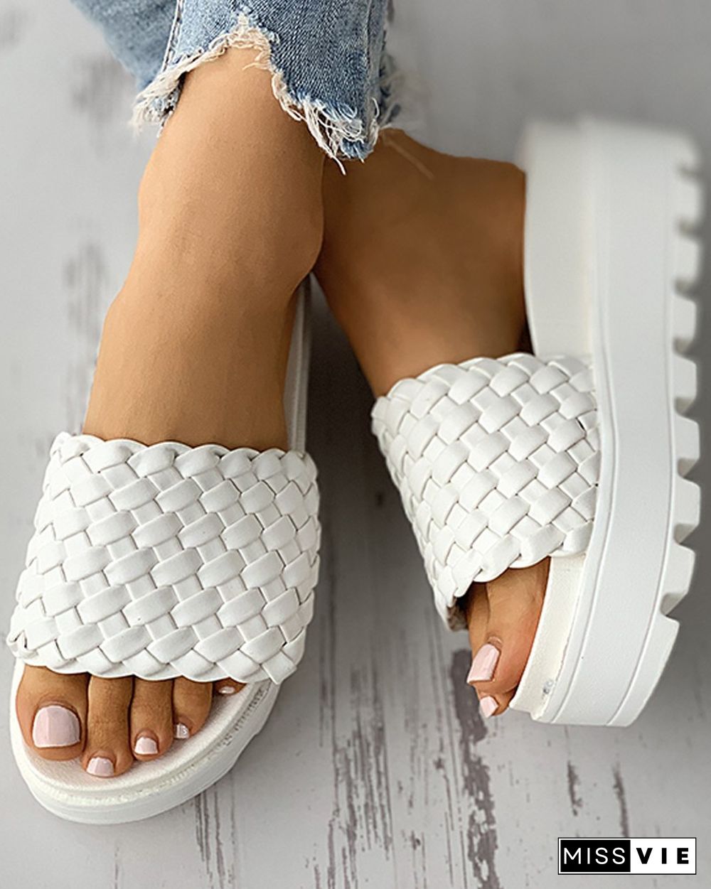 Braided Open Toe Platform Slippers