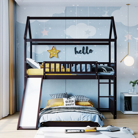 Twin over Twin Bunk Bed with Slide  House Bed with...