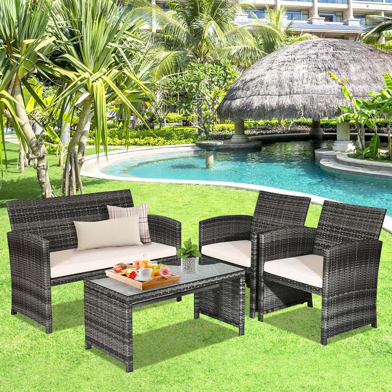 4 Pcs Rattan Wicker Patio Furniture Sets, Outdoor Conversation Sets with Loveseat, Table, Single Sofas