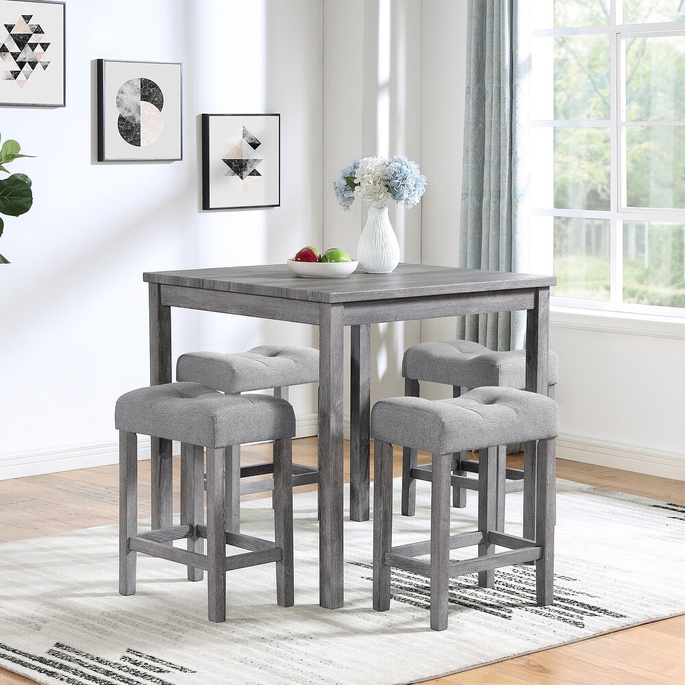 Modern Rustic 5 Pieces Dining Table Set with Counter Height Table and 4 Upholstered Stools Chairs for Kitchen Dining Room