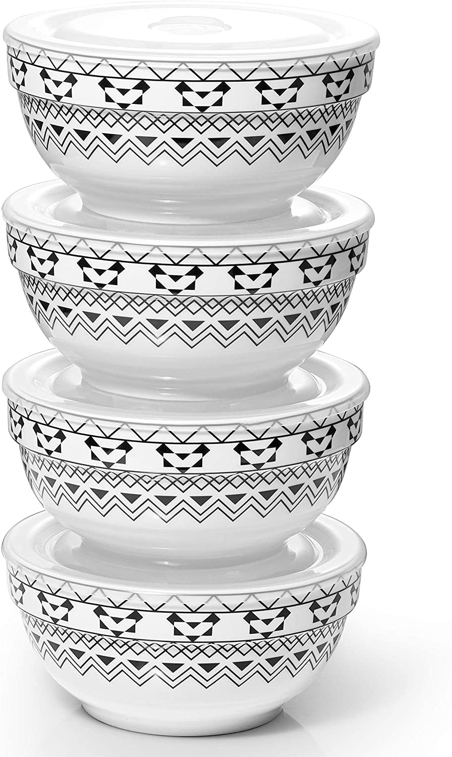 Dowan Porcelain Bowls Set with Lid， 22 oz Cereal Soup Bowls， Ceramic Food Storage Bowls， Dishwasher and Microwave Safe， Prep Bowls for Kitchen， Modern Bohemian Bowl for Oatmeal Rice Pasta Salad， 4 Pack