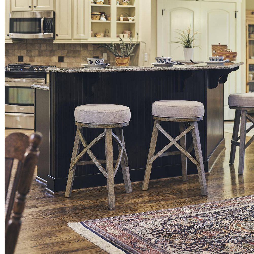 New Ridge Home Goods Regal Backless Wood Swivel 25 in. Counter-Height Bar Stool with Linen Cream Seat, One Stool NH101054-FCS-WV