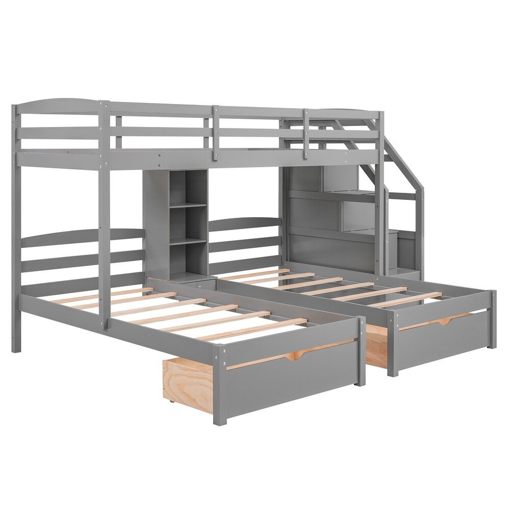 Twin Over Twin Twin Bunk Bed  Triple Bunk Bed w/Drawers  Staircase with Storage  Built in Shelves  for 3 Kids Teens Adults  Grey