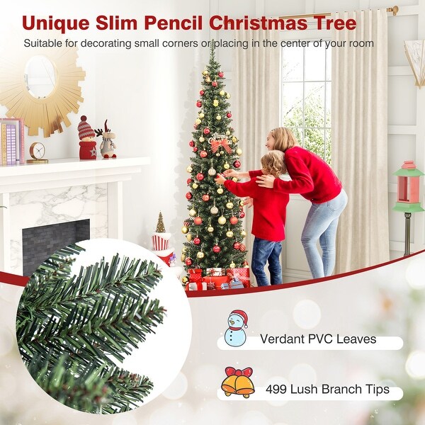 Gymax 5/6/7/8/9 ft PreLit Artificial Christmas Tree Slim Pencil Xmas