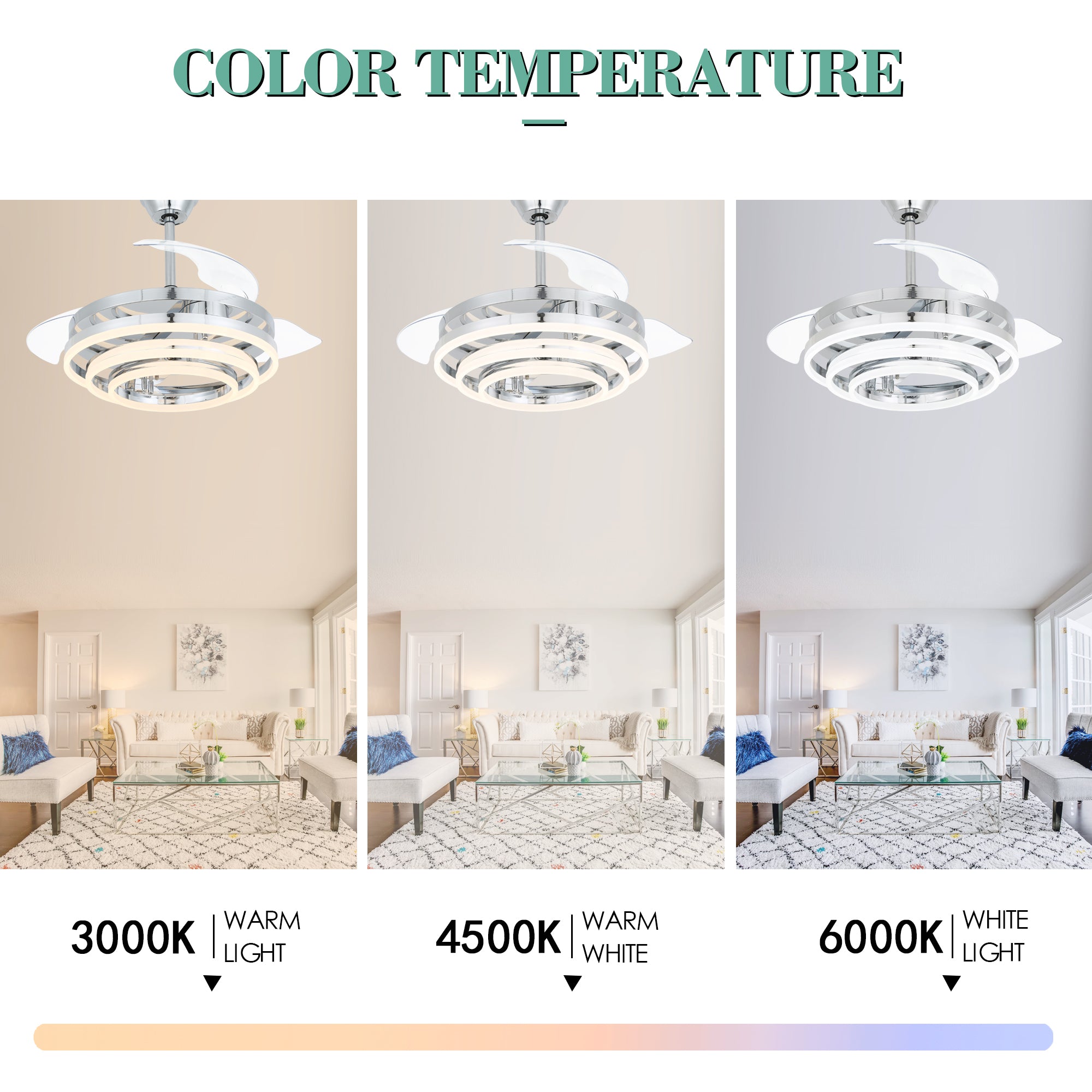 Oaks Aura 42 Inch Retractable Dimmable LED Ceiling Fan Light Remote 3-Color 6-Speed Chandelier