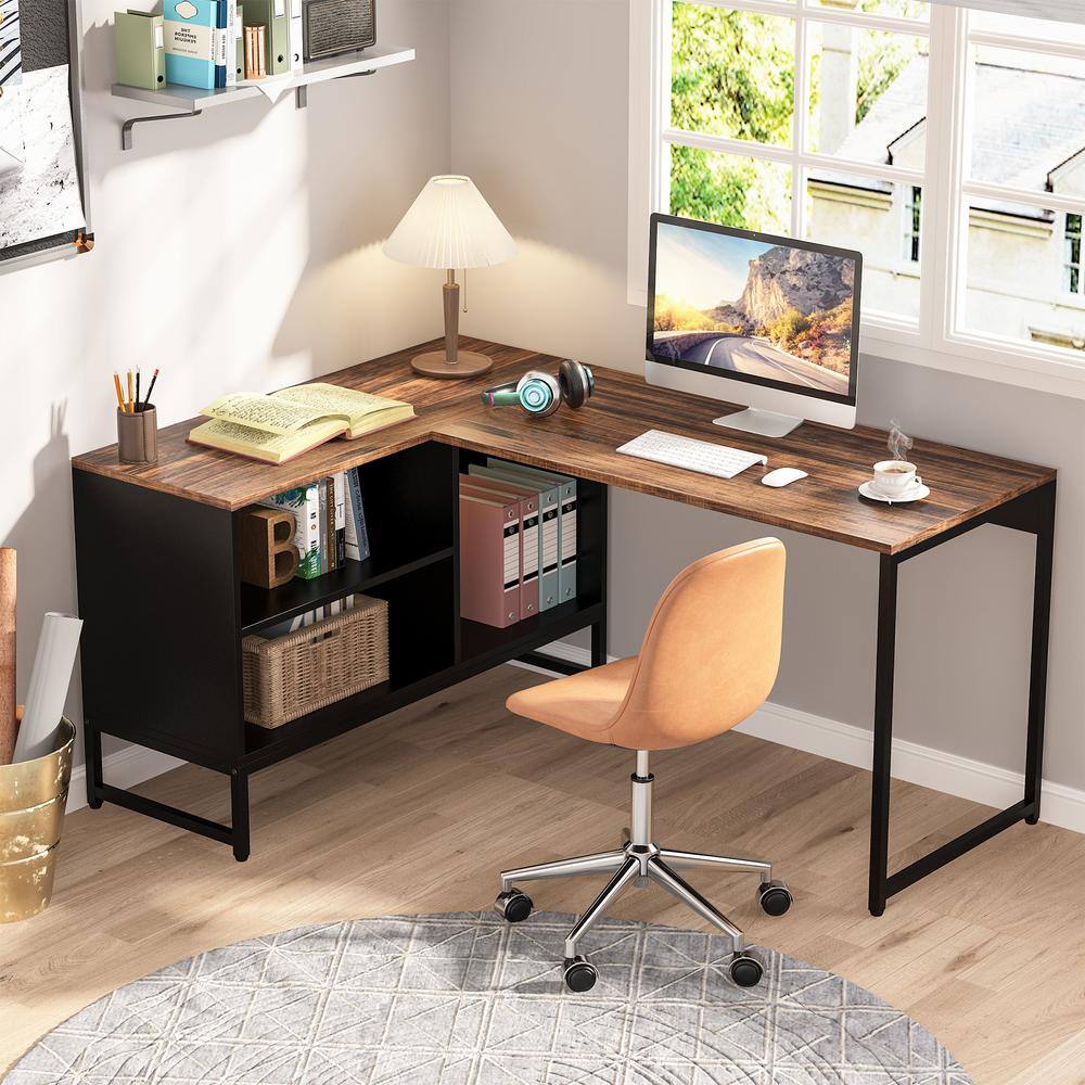 BYBLIGHT Lanita 60 in. L Shaped Desk Rustic Brown Black Engineered Wood Metal Frame Computer Desk with File Cabinet BB-XK00149-RM