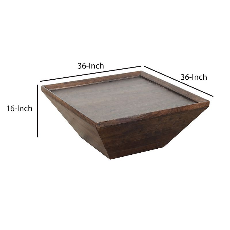 36 Inch Square Shape Acacia Wood Coffee Table with Trapezoid Base， Brown