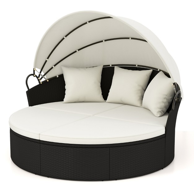 Tangkula Patio Round Daybed Wicker Daybed W Retractable Canopy Separated Seating Sectional Sofa