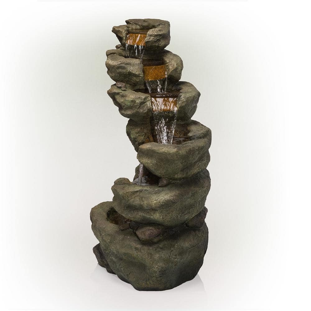 Alpine Corporation 48 in. Tall Outdoor Multi-Tier Pristine Waterfall Fountain with LED Lights TZL106